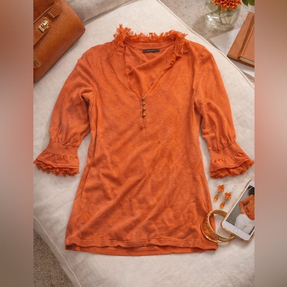 Elie Tahari Coral Orange Ruffled 3/4 Sleeve Blouse Size XS Cashmere COTTAGECORE - Picture 1 of 8